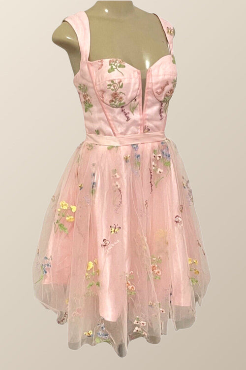 Cap Sleeves Pink Floral Short Prom Dress