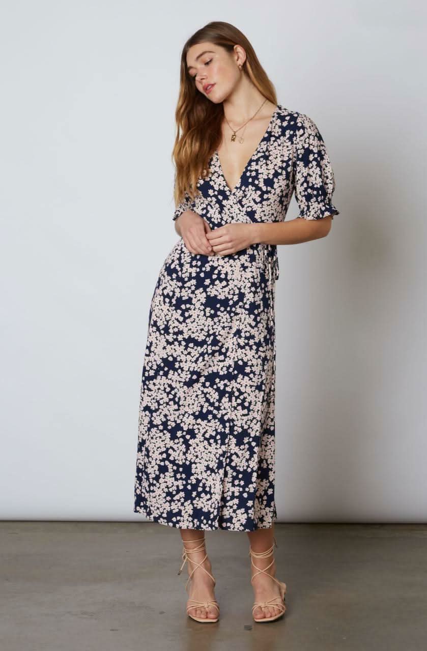 Daisy Blooms Navy Floral Print Wrap Midi Dress