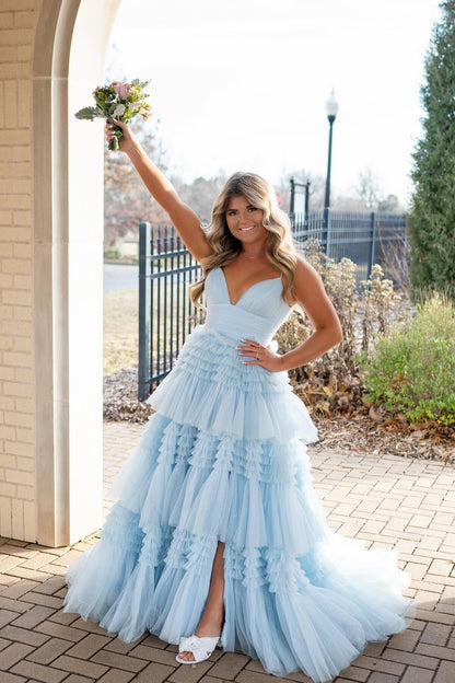 Champagne Tiered Ruffle Long Ball Gown with Straps