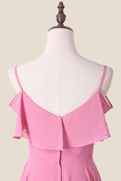 Cold Shoulders Pink Chiffon Ruffles A-line Bridesmaid Dress