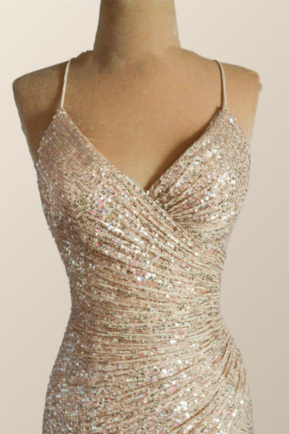 Champagne Sequin Ruched Fitted Long Prom Dress