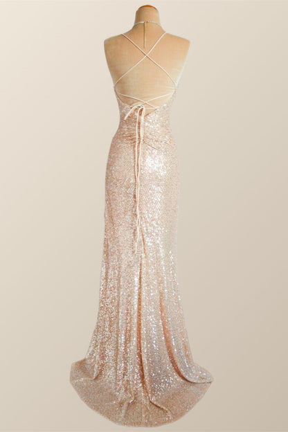 Champagne Sequin Ruched Fitted Long Prom Dress
