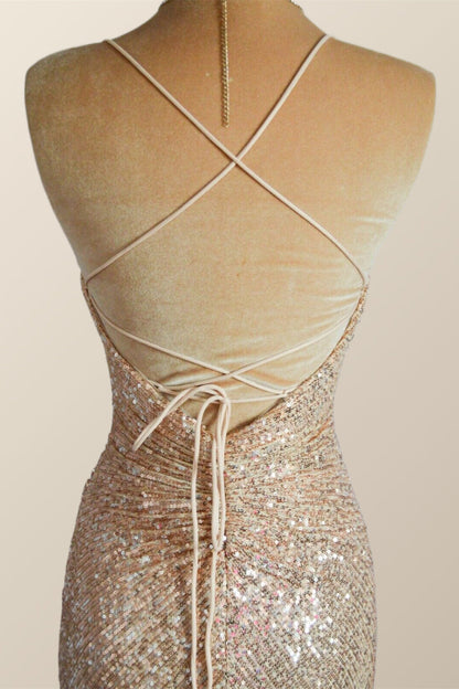 Champagne Sequin Ruched Fitted Long Prom Dress