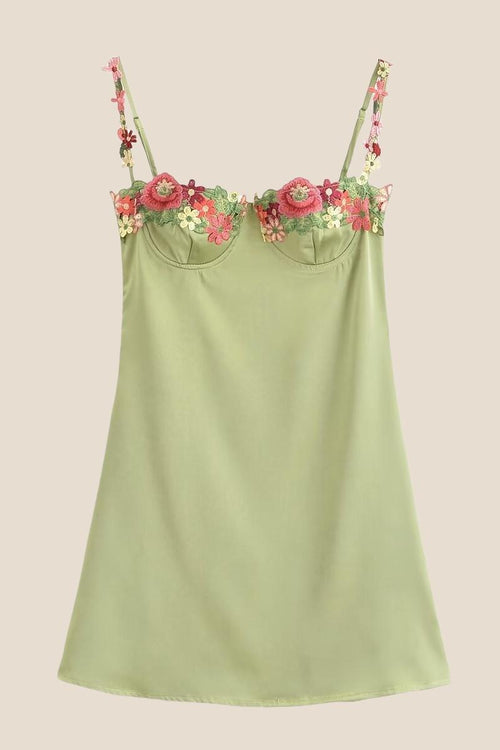 Green Floral Embroidery Short Princess Dress