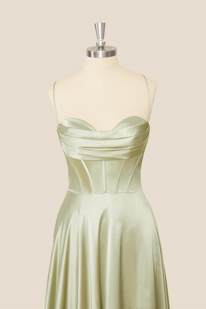 Cowl Neck Sage Green Satin A-line Long Formal Dress