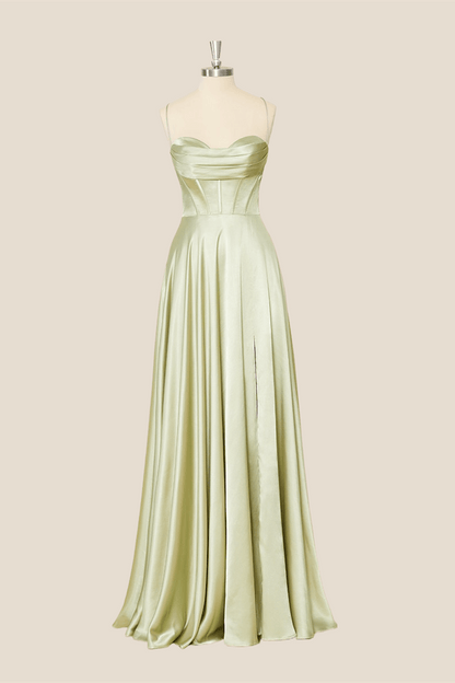 Cowl Neck Sage Green Satin A-line Long Formal Dress