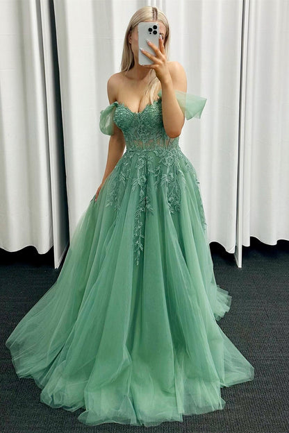 Green Floral Embroidery Strapless A-line Formal Dress