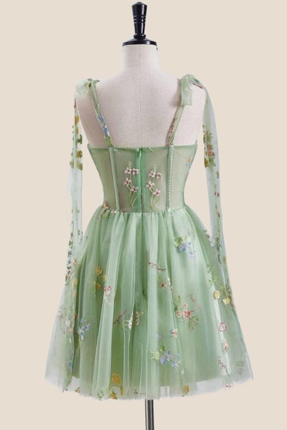 Green Floral Embroidery Corset A-line Short Fairytale Dress
