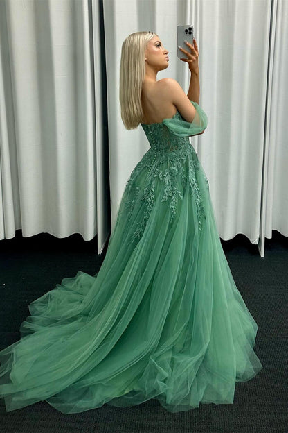 Green Floral Embroidery Strapless A-line Formal Dress