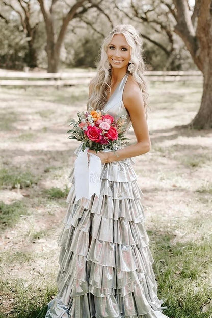 Halter Coral Metallic A-line Ruffle Prom Dress