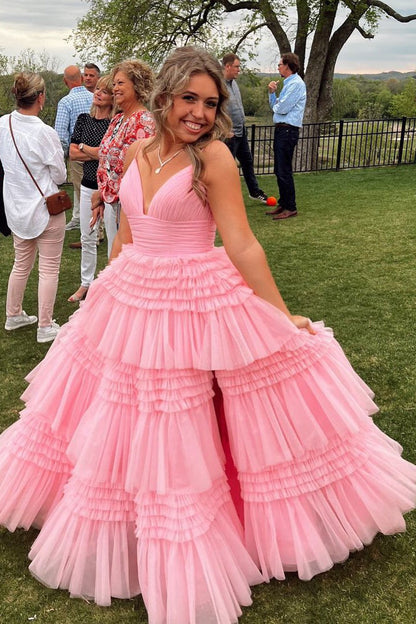 Champagne Tiered Ruffle Long Ball Gown with Straps