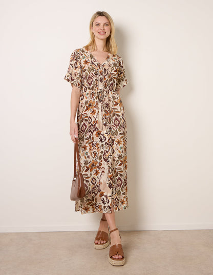 Printed Drawstring Waist Midi Dress