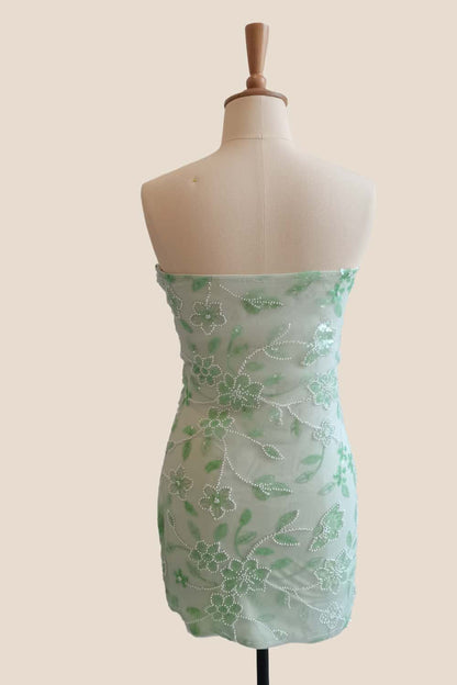 Green Beaded Strapless Fitted Short Dress