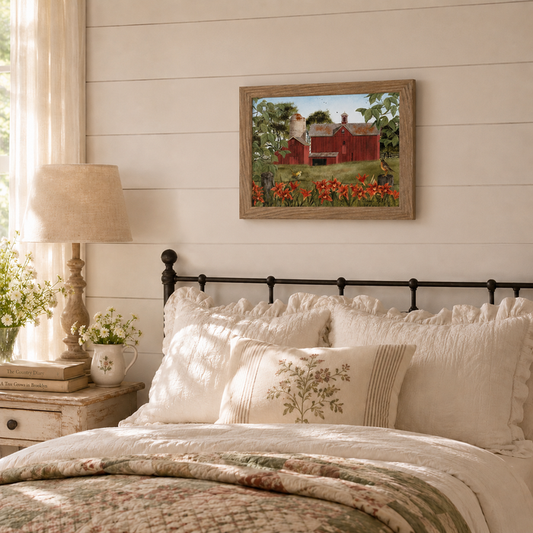 Farmtable framed Billy Jacobs "Summer Days" landscape print displayed above an iron bed in a bright farmhouse bedroom with shiplap walls, white ruffled bedding, a floral quilt, and a distressed nightstand with wildflowers and a linen lamp
