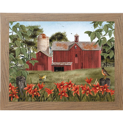 Farmtable framed landscape Billy Jacobs wall art print of a red barn and silo surrounded by orange day lilies and meadowlarks in a lush summer field titled "Summer Days"