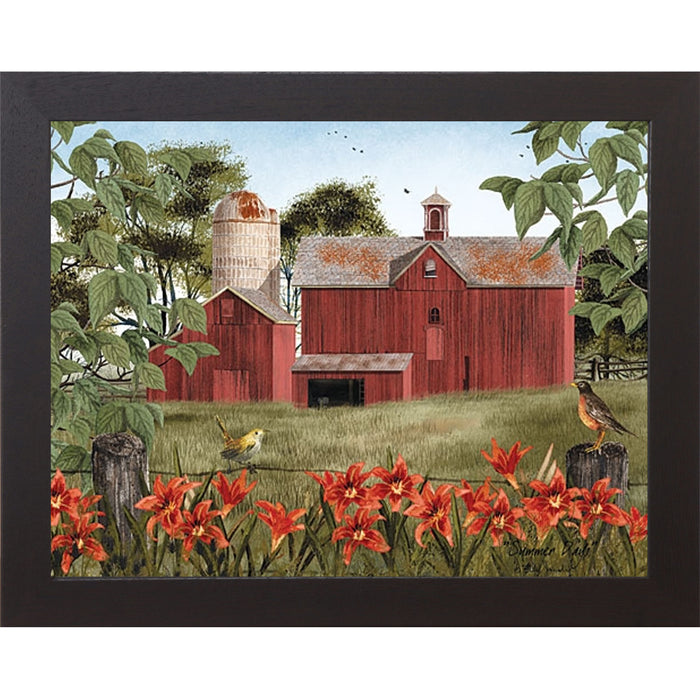 Black framed landscape Billy Jacobs wall art print of a red barn and silo surrounded by orange day lilies and meadowlarks in a lush summer field titled "Summer Days"