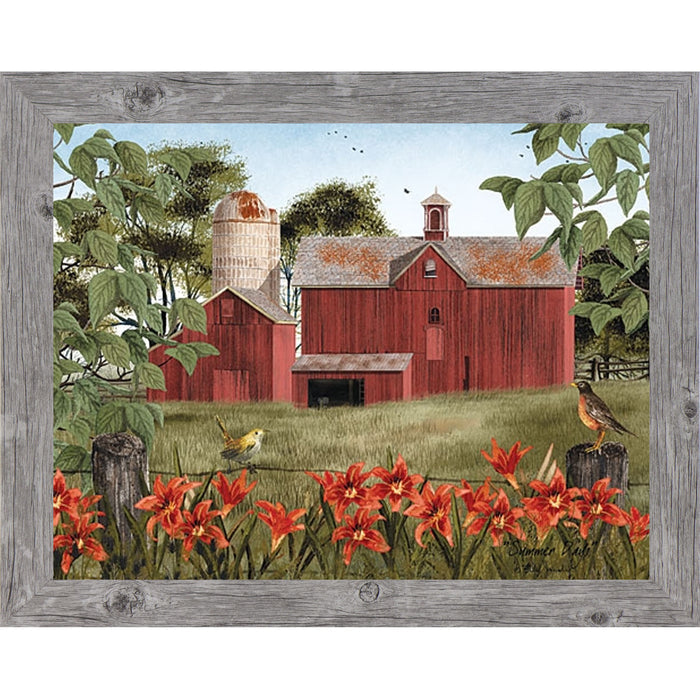 Gray framed landscape Billy Jacobs wall art print of a red barn and silo surrounded by orange day lilies and meadowlarks in a lush summer field titled "Summer Days"