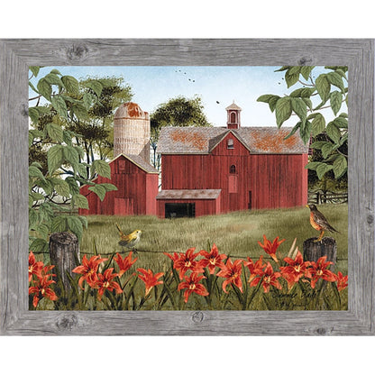 Gray framed landscape Billy Jacobs wall art print of a red barn and silo surrounded by orange day lilies and meadowlarks in a lush summer field titled "Summer Days"