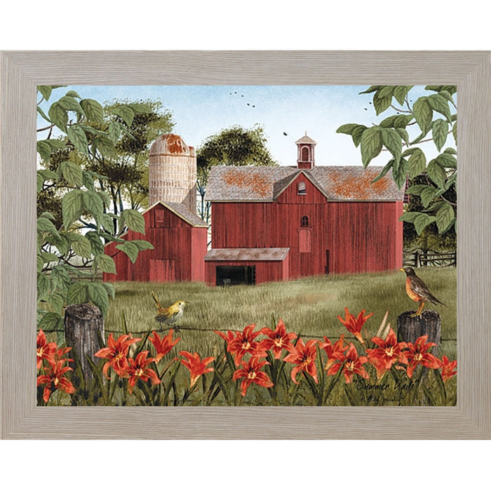 Monte Carlo framed landscape Billy Jacobs wall art print of a red barn and silo surrounded by orange day lilies and meadowlarks in a lush summer field titled "Summer Days"