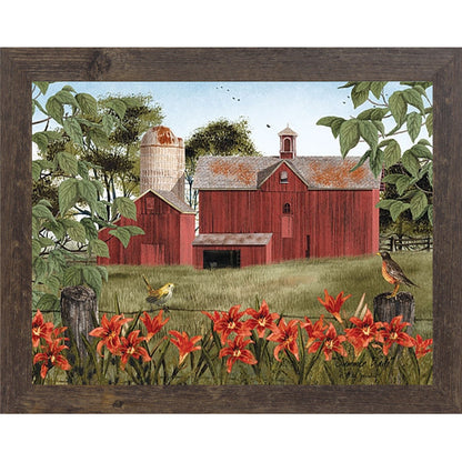 Natural brown framed landscape Billy Jacobs wall art print of a red barn and silo surrounded by orange day lilies and meadowlarks in a lush summer field titled "Summer Days"