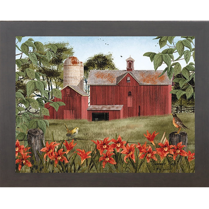 Slatewood framed landscape Billy Jacobs wall art print of a red barn and silo surrounded by orange day lilies and meadowlarks in a lush summer field titled "Summer Days"