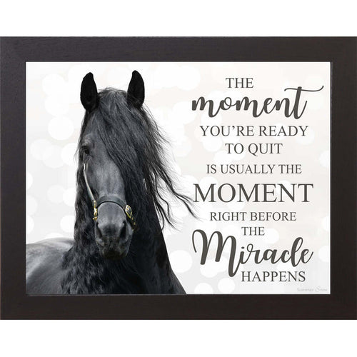 Inspirational black horse wall art with the quote “The moment you’re ready to quit is usually the moment right before the miracle happens” in a framed, neutral-toned design