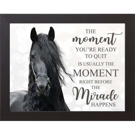 Inspirational black horse wall art with the quote “The moment you’re ready to quit is usually the moment right before the miracle happens” in a framed, neutral-toned design