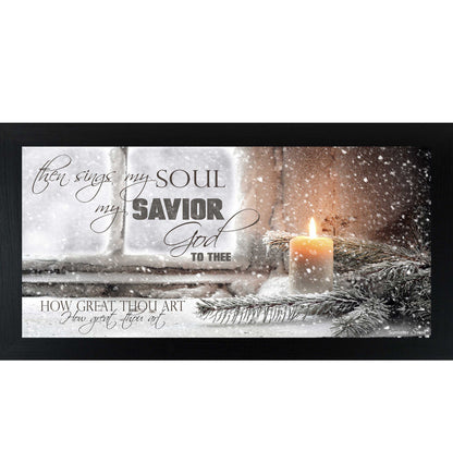 How Great Thou Art Christmas wall art featuring candle on snowy windowsill with evergreen branches and hymn lyric Then Sings My Soul in horizontal rustic frame