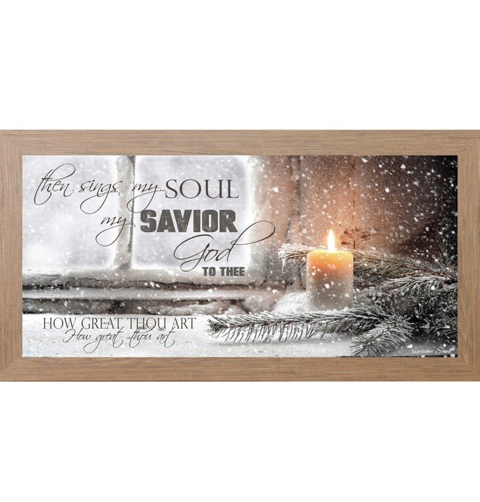 How Great Thou Art Christmas wall art featuring candle on snowy windowsill with evergreen branches and hymn lyric Then Sings My Soul in horizontal rustic frame
