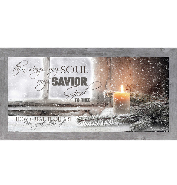 How Great Thou Art Christmas wall art featuring candle on snowy windowsill with evergreen branches and hymn lyric Then Sings My Soul in horizontal rustic frame