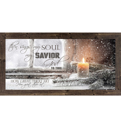 How Great Thou Art Christmas wall art featuring candle on snowy windowsill with evergreen branches and hymn lyric Then Sings My Soul in horizontal rustic frame