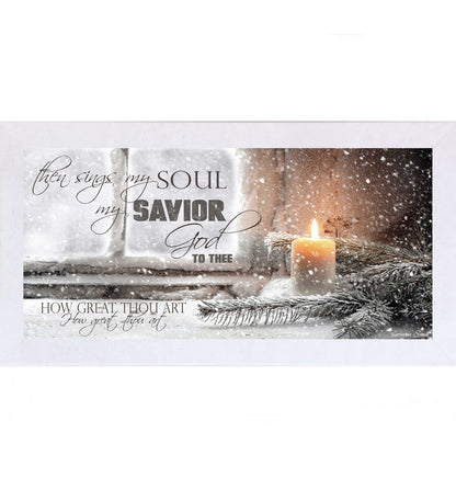 How Great Thou Art Christmas wall art featuring candle on snowy windowsill with evergreen branches and hymn lyric Then Sings My Soul in horizontal rustic frame