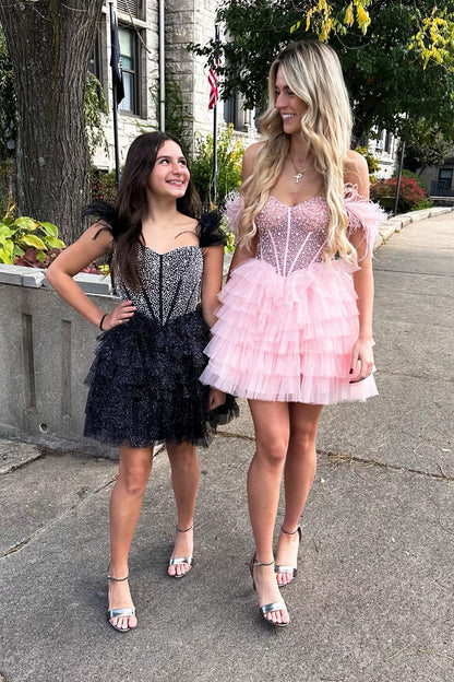 Feather Off the Shoulder Beaded Black Tiered Short Dress