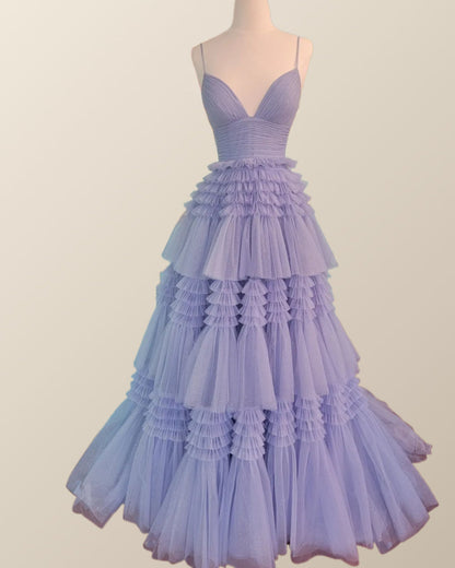 Champagne Tiered Ruffle Long Ball Gown with Straps