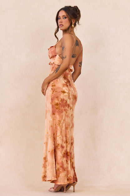Whispering Garden Flocked Mesh Maxi Dress - Orange