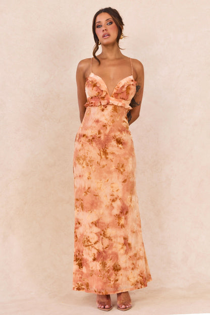 Whispering Garden Flocked Mesh Maxi Dress - Orange