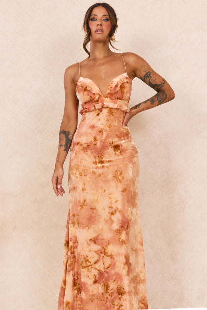 Whispering Garden Flocked Mesh Maxi Dress - Orange