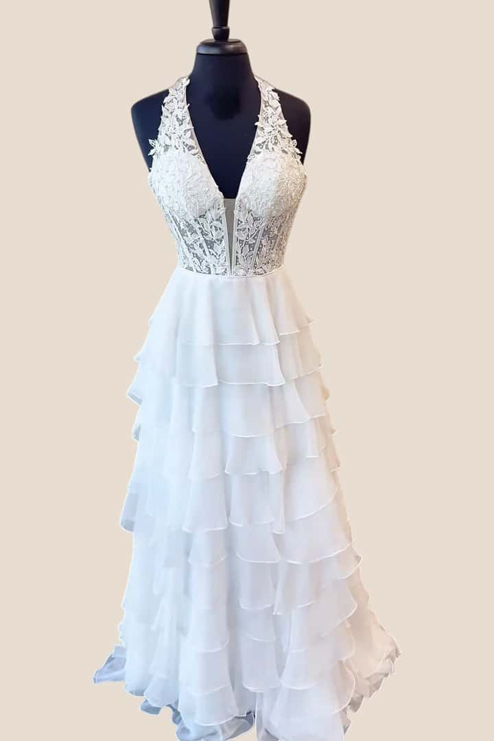 Halter Yellow Appliques Ruffle Long Dress